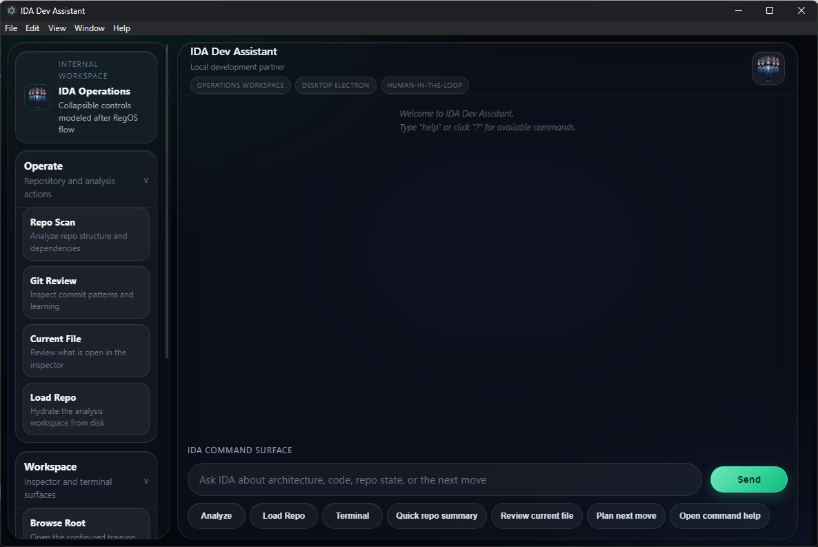 Ask_IDA desktop workspace showing repository analysis tools, a command surface, and review controls
