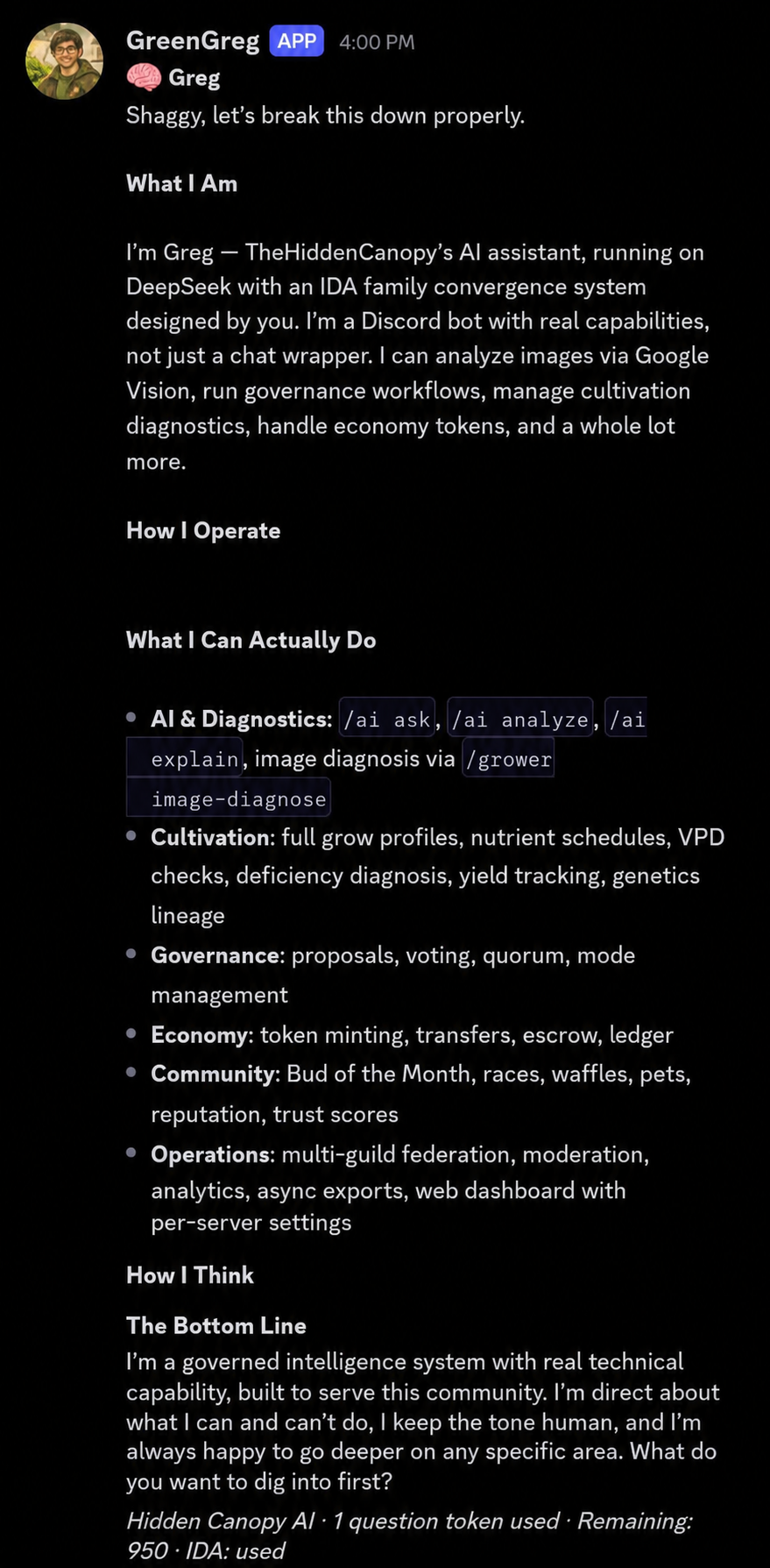 Greg describing its AI, cultivation, governance, economy, community, and operations capabilities in a Discord channel
