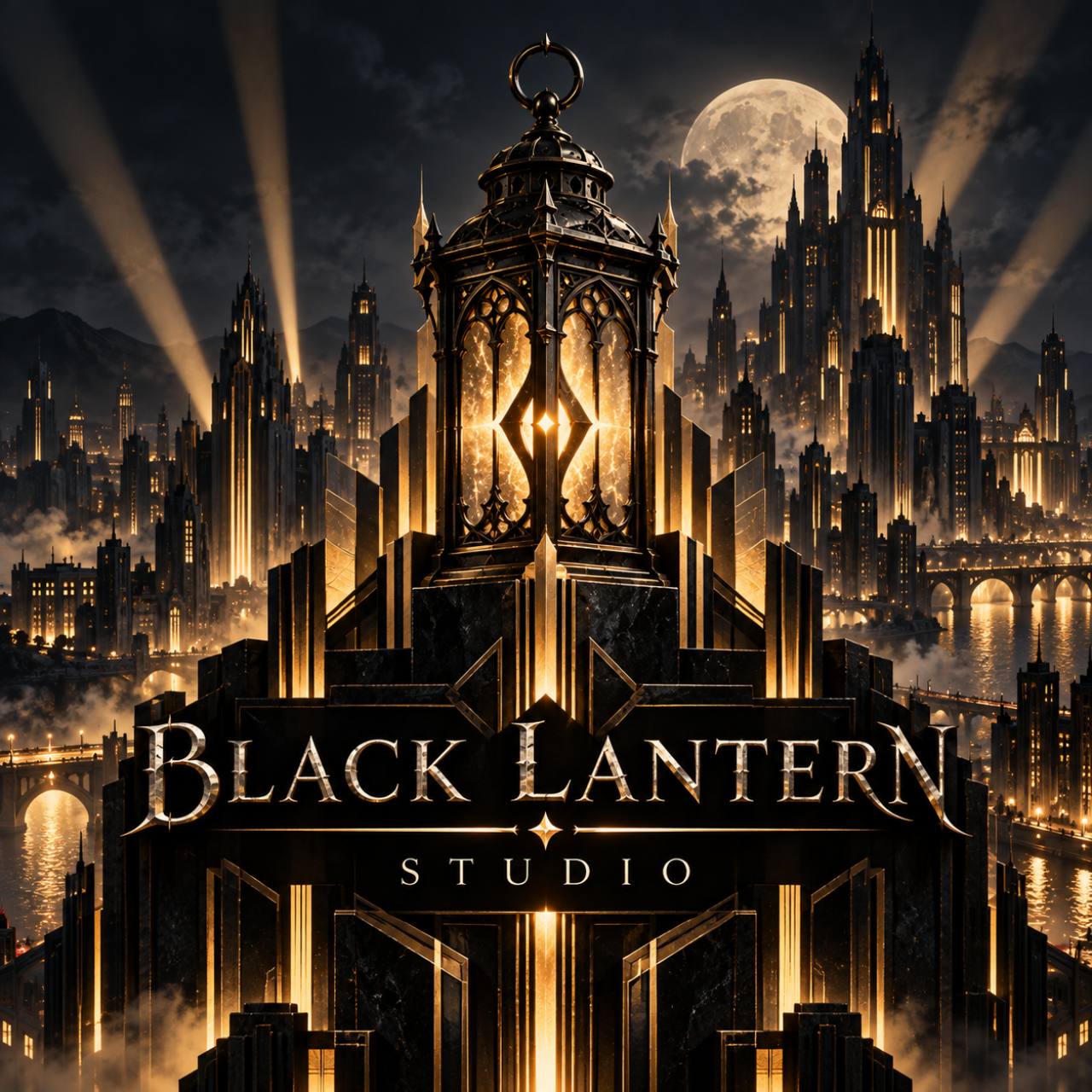Black Lantern Studio reference artwork showing a lantern in a storm-lit city